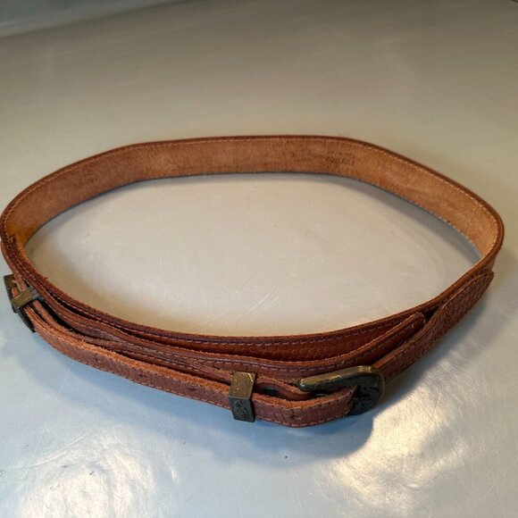 Fiorucci Italy Leather Double Strap Belt Vintage Embossed Brass Floral Accents - Picture 6 of 16